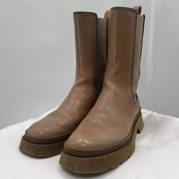 Brunello Cucinelli Leather Chelsea Mid Calf Round Toe Platform Boots Size 38.5 - Picture 14 of 14